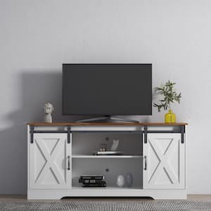 59 in. White Rustic Wood TV Stand With Sliding Barn Door, Storage Cabinet, Adjustable Shelves, for TVs Up to 65 in.