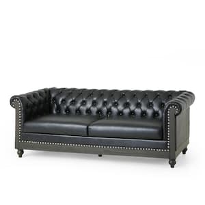 Glencoe 78.75 in. Width Midnight Black and Dark Brown Faux Leather 3-Seats Sofa with Nailhead