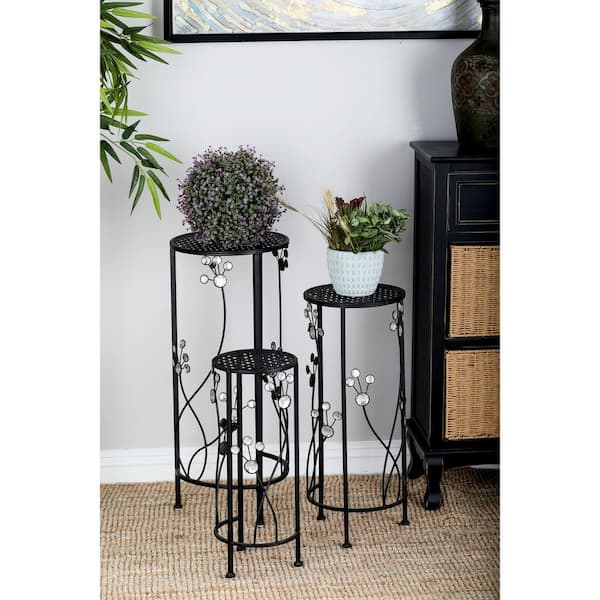 Litton Lane 28 in. Black Cylinder Metal Floral Crystal Plantstand with 3-Tiers
