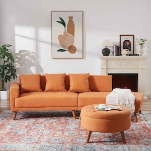 107 in. Square Arm Faux Leather Rectangle Sofa with a Round Storage Ottoman and 3 Removable Pillows in Orange