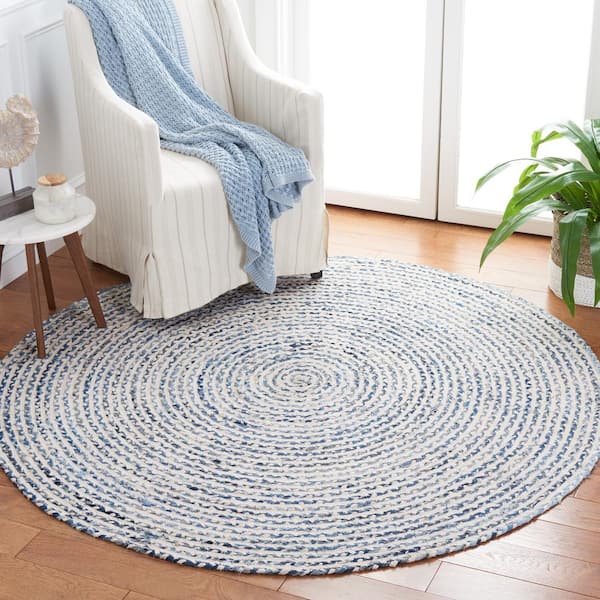 Braided Blue Ivory 6 ft. x 6 ft. Abstract Striped Round Area Rug