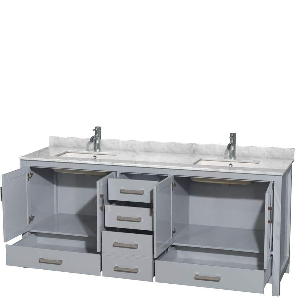Sheffield 80'' Gray Solid Wood Double Bathroom Vanity with White Marble Top