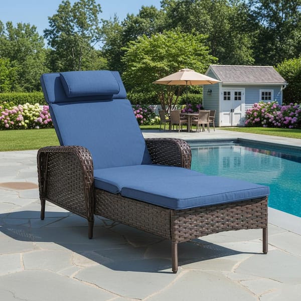 Brown Wicker Outdoor Folding Chaise Lounge Chair Fully Flat for Patio with CushionGuard Blue Seat Back Cushion