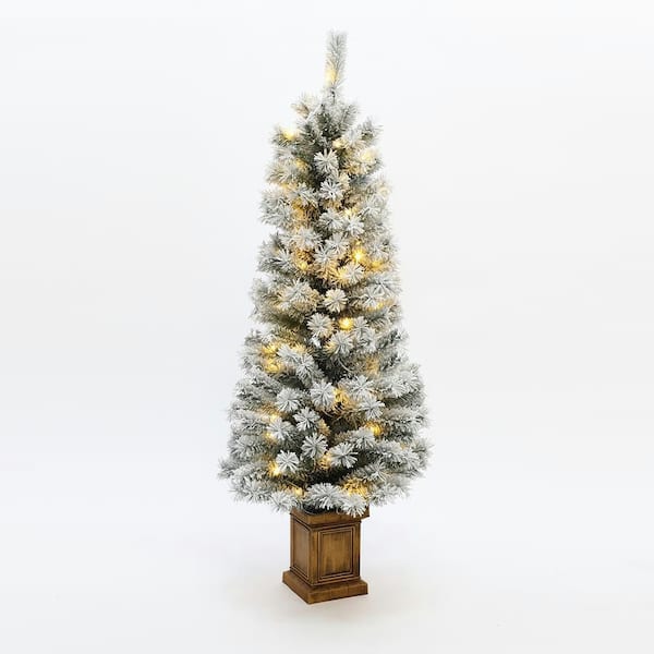 5 ft. PreLit Flocked Fir Artificial Christmas Tree in Square Planter, Indoor Holiday Accent