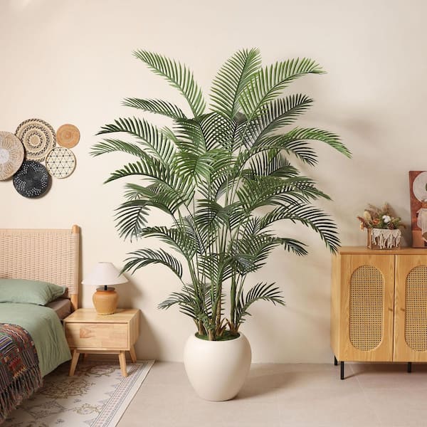 8 ft. Artificial Palm Tree with White Planter Faux Tropical Areca Floor Plant for Home Office Living Room