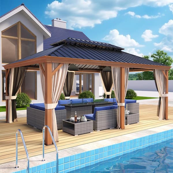 EAGLE PEAK 12 ft. x 18 ft. Wood Look Aluminum Frame Hardtop Gazebo with Netting and Curtains