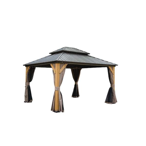 12 ft. x 14 ft. Brown Hardtop Wood Frame Galvanized Steel Double Roof Gazebo with Curtains and Netting for Patio, Lawn