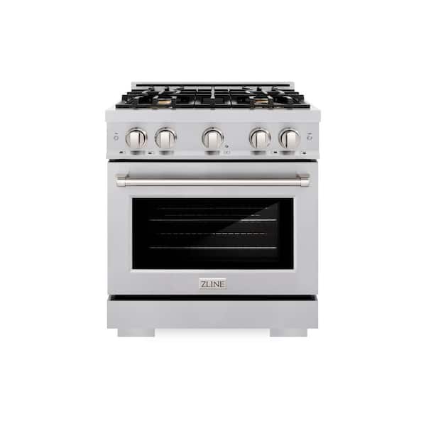 Select 30 in. 4-Burner Dual Fuel Range with Convection Oven and Brass Burners in Stainless Steel