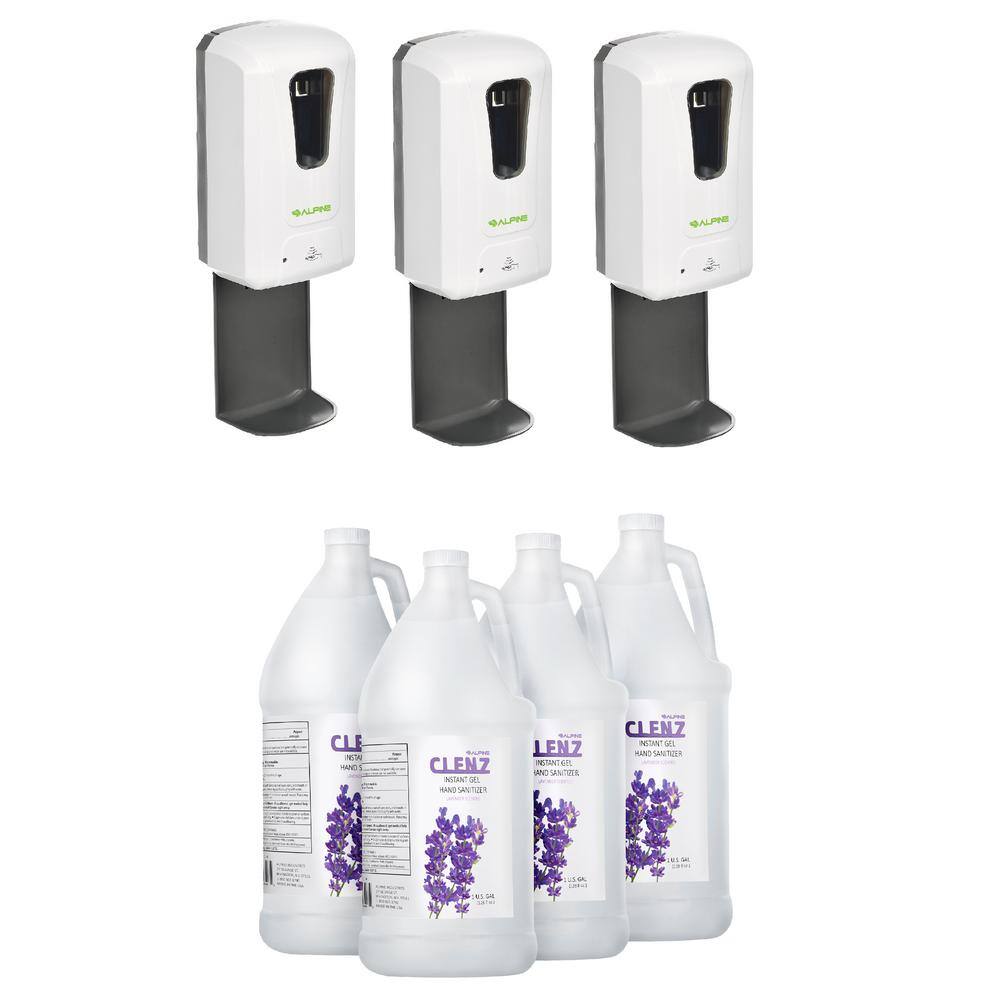 Alpine Industries 40 oz. Automatic Wall Mount Sanitizer Dispenser with Drip Tray and with Case of 1 Gal. Gel Sanitizer (3-Piece), White -  C-4–430-L-T-3