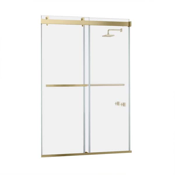 Spezia 60 in. W x 76 in. H Double Sliding Semi-Frameless Shower Door in Brushed Gold with Clear Glass