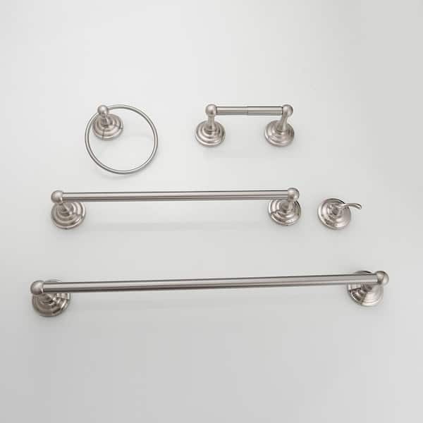 5-Piece Bath Hardware with Towel Bar Towel Hook Toilet Paper Holder and Towel Ring Set in Brushed Nickel