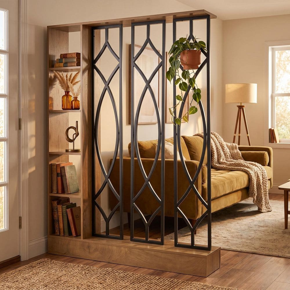 71 in. Brown and Black Modern Metal Decor Screen Room Divider with 5-Shelf Panel Wood Room Divider for Entrance