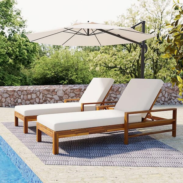 Brown 1-Piece Acacia Wood Outdoor Patio Chaise Lounge with Beige Cushions