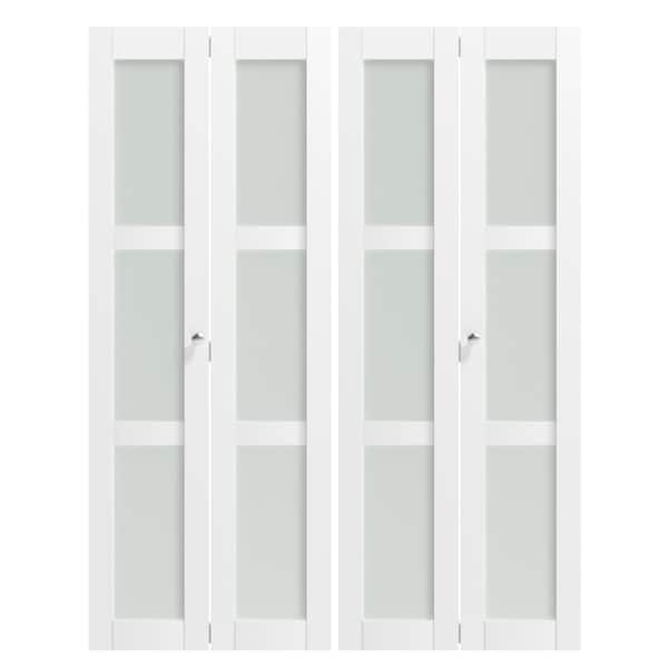 TENONER 60 in. x 80 in. 3-Lite Frosted Glass, Solid Core, White, MDF, Wood Bi-Fold Doors with PVC Covering and Hardware Kits