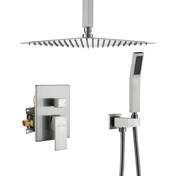 Boyel Living 1-Spray Patterns with 2.5 GPM 12 in. Ceiling Mount Dual Shower Heads with Pressure Balance Valve in Brushed Nickel