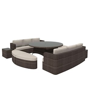 Lomax Brown 9-Piece Wicker Patio Conversation Set with Beige Cushions