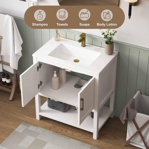 Magi 31 in. Single Sink Bath Vanity in White with White Engineered Solid Surface Top, Open Shelf and Cabinet Unassembled