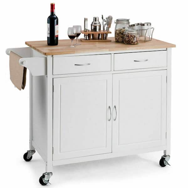 Costway Modern White Kitchen Cart with Natural Wood Top