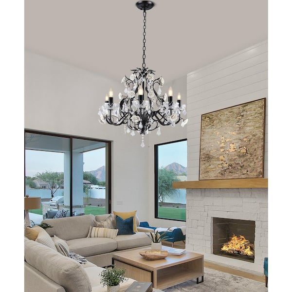 Classic 8 light Classic Black Flower Decorations Candle Crystal Chandelier for Living Room w/No Bulbs Included