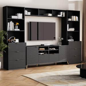 Modern Black 4-Piece Entertainment Center Fits TVs up to 70 in. with 13 shelves, 8 Drawers and 2 Cabinets