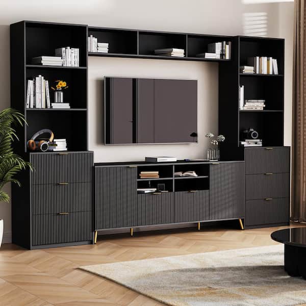 Harper & Bright Designs Modern Black 4-Piece Entertainment Center Fits TVs up to 70 in. with 13 shelves, 8 Drawers and 2 Cabinets