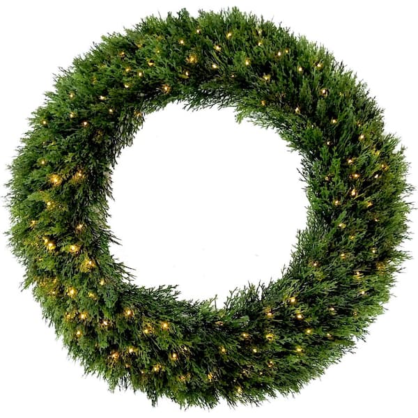 24 in. Dia. Wreath Cedar 70 LED Warm White Lights Battery Operation