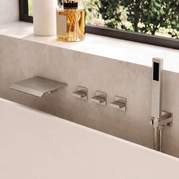 3-Handle Wall Mount Waterfall Roman Tub Faucet 5.6 GPM with Hand Shower in Brushed Nickel (Valve Included)
