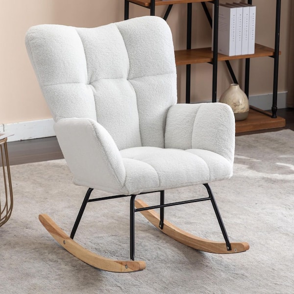 Teddy Fabric Rocking Glider Chair, Ivory, Tufted Back, Nursery and Living Room Accent Chair