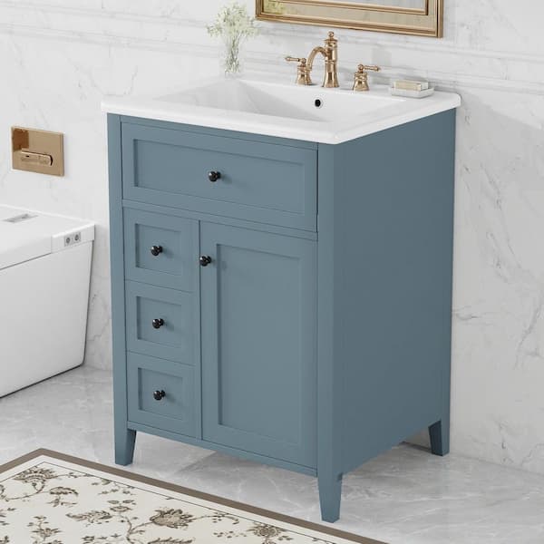 24 in. Blue Gray Bath Vanity with White Ceramic Top with Sink, Adjustable Shelves, 3-Drawers and Cabinet
