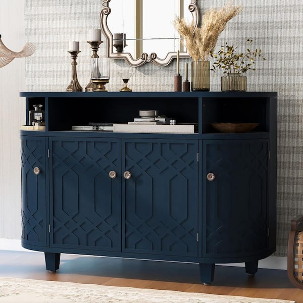 Harper & Bright Designs Navy Blue 31.9 in. H Fraxinus Mandschurica Solid Wood Desk Veneer Storage Cabinet with Adjustable Shelves and 4-Doors