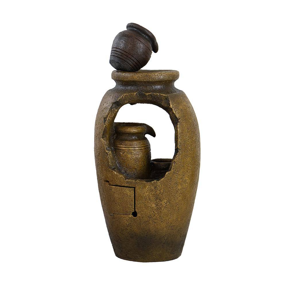Rustic Brown Polyresin 3-Tier Pot Design Water Fountain with Light