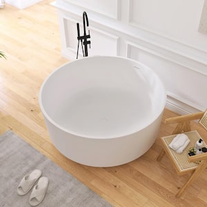 49.2 in. x 49.2 in. Round Stone Resin Solid Surface Flatbottom Freestanding Soaking Bathtub in Matte White