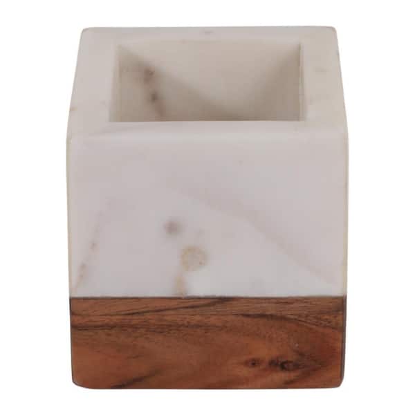 White/Brown 4 in. x 4 in. Marble and Wood Cube Pencil Cup