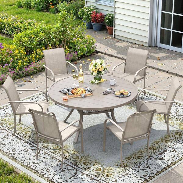 6 seat outdoor patio set with umbrella PHI VILLA 7pc Dining Umbrella, Swivel Wicker Chairs The set includes a large round dining table designed with an umbrella hole Patio Furniture Set of 6