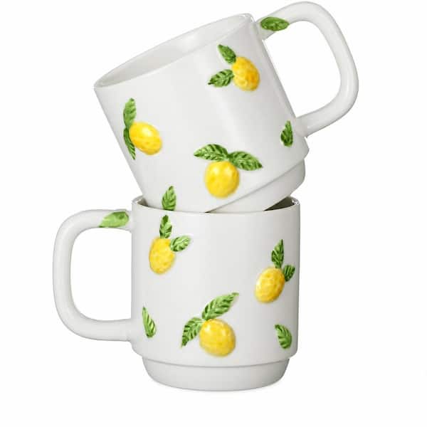 Set of 2 Ceramic Handmade Lemon Pattern Coffee Mugs with Handle, 12 oz Stackable Lettered Cups for Gift