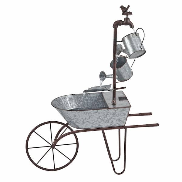 36 in. Tall Rustic Wheelbarrow and Waterfall Fountain Yard Decoration, SIlver