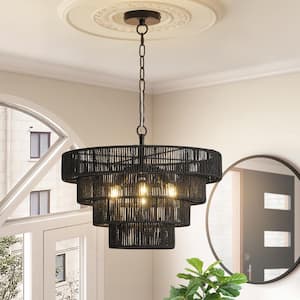 6-Light Black Bohemian Drum Hanging Pendant Light with 4-Tier Woven Shade