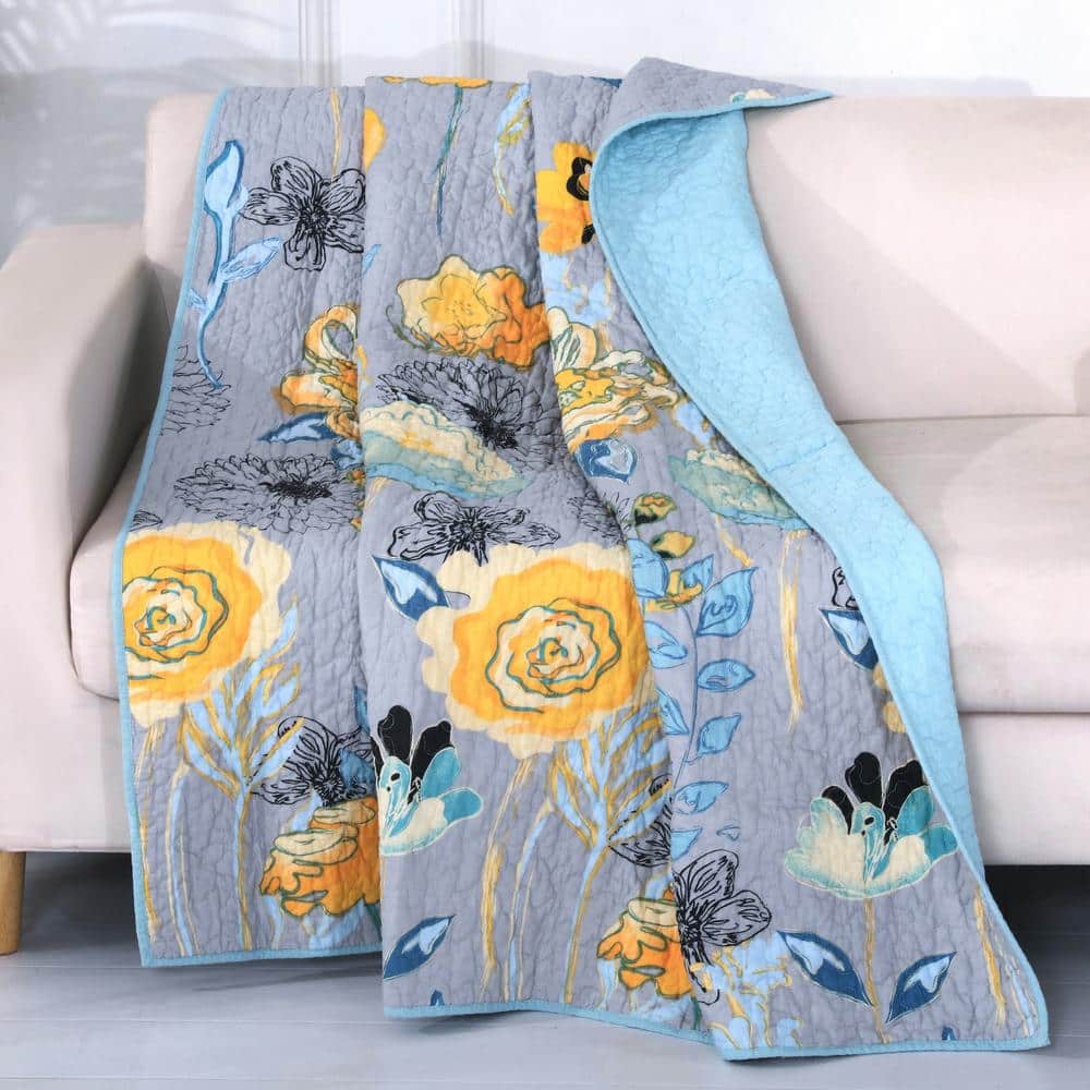 Watercolor Dream Floral Gray and Turquoise Cotton Throw Blanket