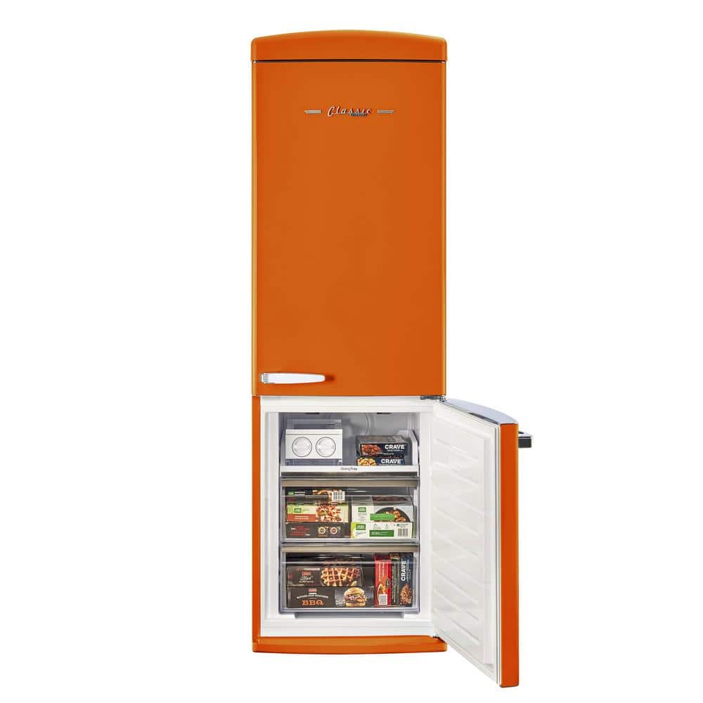 Creamsicle Orange Retro Bottom Freezer Refrigerator with Chrome Handles