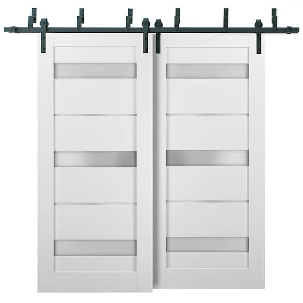 Sartodoors 72 in. x 96 in. 2 Panel Frosted Glass White Solid MDF Sliding Barn Door with Hardware Kit