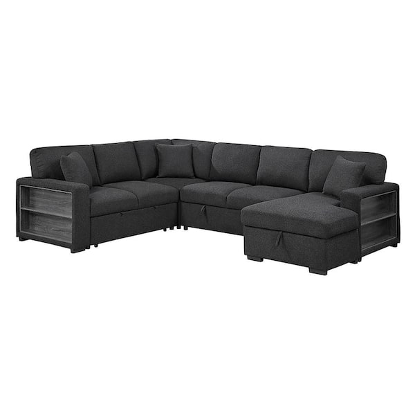 Pegosa 121 in. Straight Arm Boucle Fabric Sectional Sofa with Right Chaise, Pull-out Bed and Hidden Storages in Black