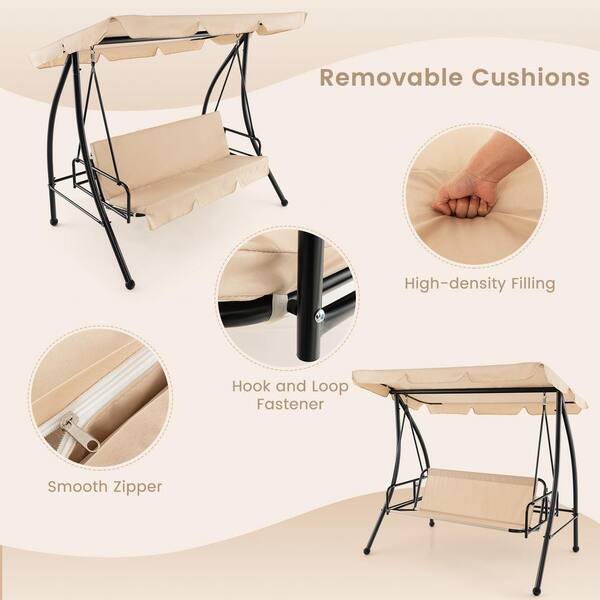 ANGELES HOME 2-Person Convertible Metal Patio Swing Chair with Flat Bed and  Adjustable Canopy 118CKNP162BE+
