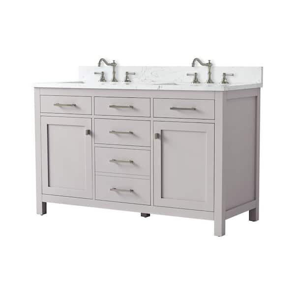 Jasper 54 in. W x 22 in. D Bath Vanity in Taupe with Engineered Stone Vanity Top in Carrara White with White Sinks