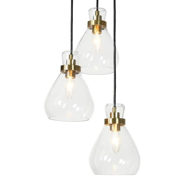 Transitional Dining Room Cluster Pendant Light 3-Light Plating Brass Chandelier with Bell Textured Glass Shades