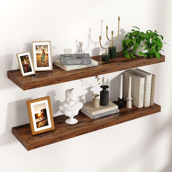 Unbranded 35.4 in. W x 7.8 in. D Rustic Brown Floating Decorative Wall Shelf Set of 2