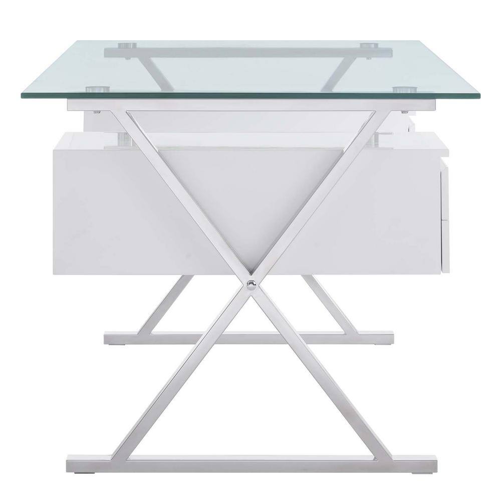 Elegant 71" White Glass Desk with Floating Drawers & Steel Frame