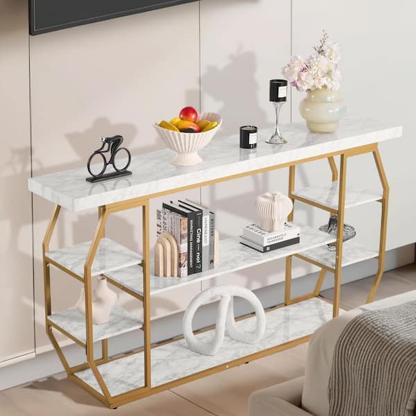 3-Tier Marble Console Table with Open Storage, Modern Geometric Design, Golden Frame with Iron Tubes, Anti-Tip Device