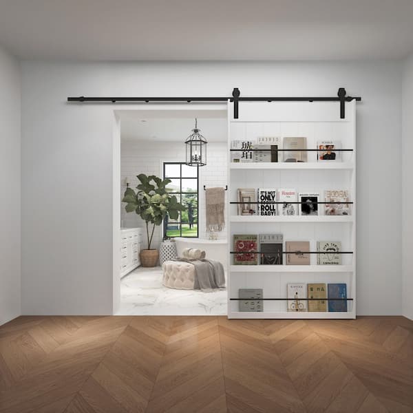 48 in. x 84 in. 4-Levels Shelfs Style, Primed MDF White Finished, Sliding Barn Door Slab with Hardware Kit