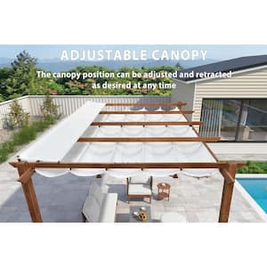 10 ft. x 13 ft. Natural Wood Grain Aluminum Pergola with White Retractable Sun Shade Canopy and Extra Top Roof