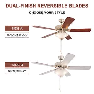 52 in. Indoor Ceiling Fan, Pull Chain and Remote Control, Reversible AC Motor, Walnut/Silver Reversible Blades